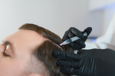 Trichologist giving injection to patient in clinic, closeup.の写真素材