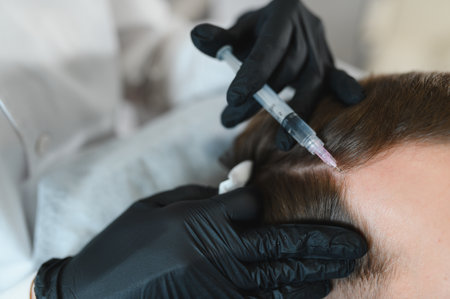 Mesotherapy for hair. Attractive man receiving injections in his head. Man having mesotherapy...