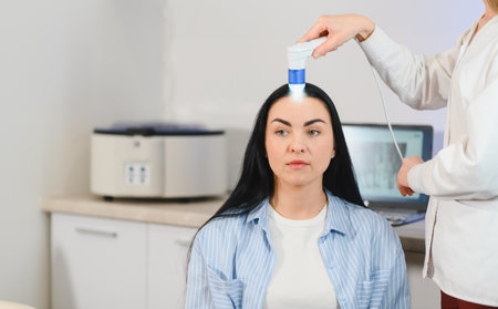 A dermatologist trichologist makes a computer diagnosis of the hair condition of an attractive...