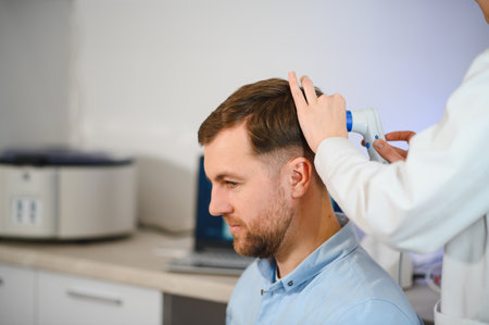 A trichologist examines the hair of a man who begins alopecia. Consultation with a dermatologist. Hair loss, alopecia, pruritus, burning head or seborrheaの写真素材