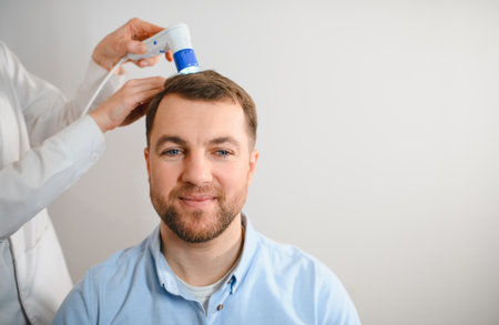 Female doctor looks at a man's scalp with a dermatoscope. Diagnosis of scalp condition by a...