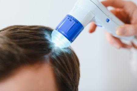 A young man is examined with a trichoscope the condition of the scalp and hair follicles.の写真素材