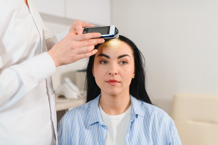 Microscopic examination of the hair and skin of the scalp.の写真素材