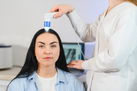 Doctor diagnoses the structure of the hair. Consultation with a trichologist.