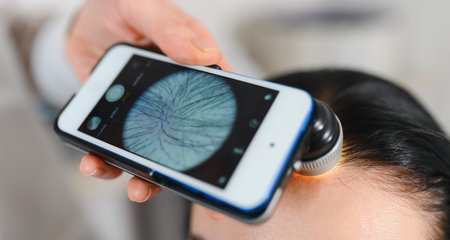 A dermatologist trichologist makes a computer diagnosis of the hair condition of an attractive patient to a young woman. Trichoscopy, trichology, trichoscope, microscope.の写真素材