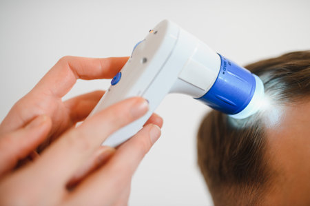 Female doctor looks at a man's scalp with a dermatoscope. Diagnosis of scalp condition by a...
