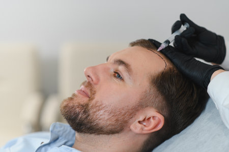 Aesthetic medicine. Doctor trichologist outlines the area of baldness on the client's head with a...