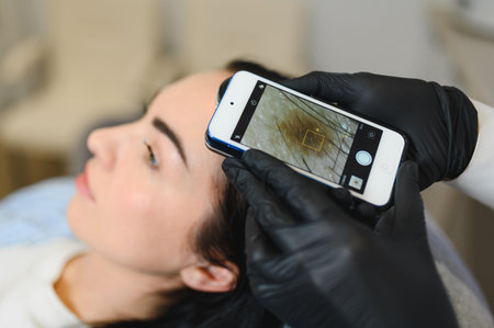Dermatologist examining moles of patient.