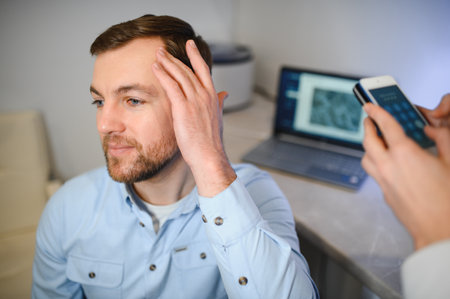 Female doctor looks at a man's scalp with a dermatoscope. Diagnosis of scalp condition by a trichologist. Mole examination, balance, hair transplantation.の写真素材