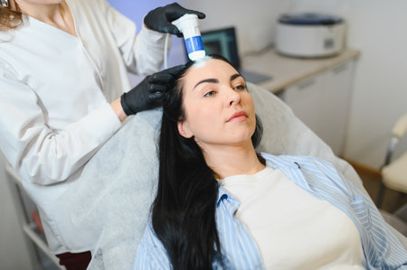 Doctor diagnoses the structure of the hair. Consultation with a trichologist.