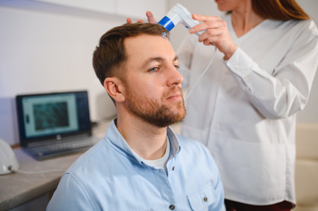 Trichoscope examination of hair, scalp and hair follicles of a young man. Copy space banner.