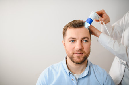 Female doctor looks at a man's scalp with a dermatoscope. Diagnosis of scalp condition by a...