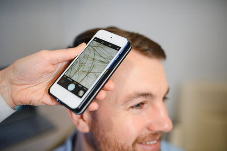 Female doctor looks at a man's scalp with a dermatoscope. Diagnosis of scalp condition by a...