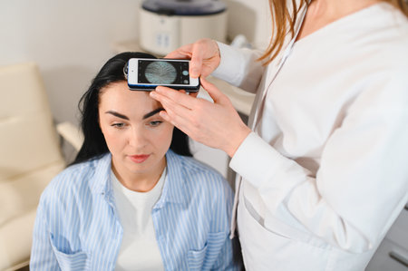 Woman visiting dermatologist at clinic.