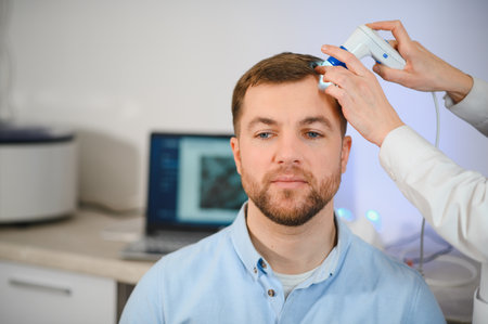 A trichologist examines the hair of a man who begins alopecia. Consultation with a dermatologist. Hair loss, alopecia, pruritus, burning head or seborrheaの写真素材