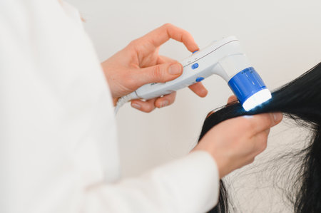 A close-up image of a person undergoing a scalp examination with a dermatoscope.