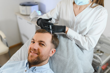Trichologist giving injection to patient in clinic, closeup.の写真素材