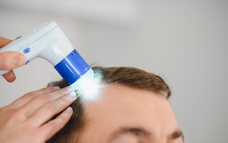 Female doctor looks at a man's scalp with a dermatoscope. Diagnosis of scalp condition by a trichologist. Mole examination, balance, hair transplantation.の写真素材