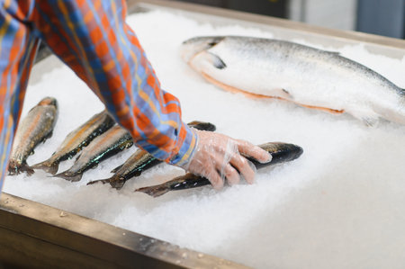 Man choosing fresh chilled fish in grocery store.