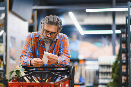 Senior man at grocery store products.の写真素材