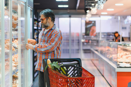 A senior man chooses a sausage in a supermarket with a basket of groceries.の写真素材