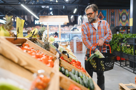 An older man chooses Chinese cabbage in the fruit section of the supermarket.の写真素材