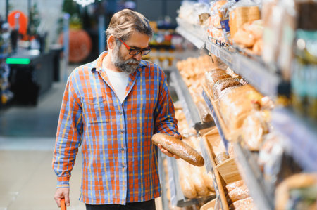 old age man choosing bakery products in the grocery section of the supermarket. Copy spaceの写真素材