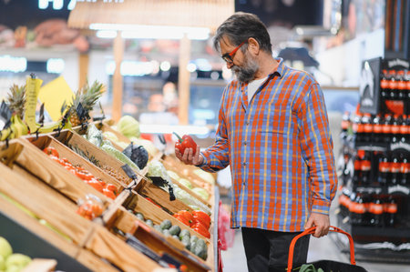 Mature senor in the vegetables section of the supermarket.の写真素材