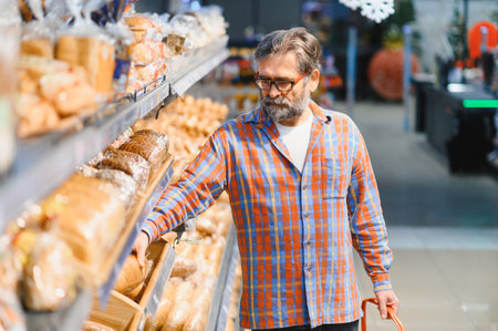 old age man choosing bakery products in the grocery section of the supermarket. Copy space