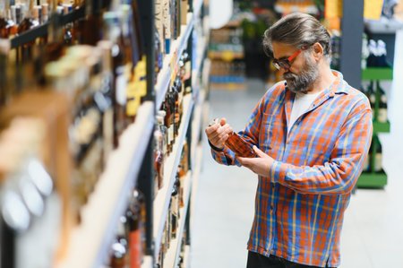 A man takes alcoholic drinks from the supermarket shelf. Shopping for alcohol in the store.の写真素材