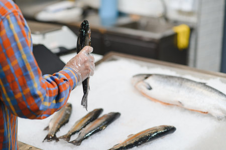 Man's Hand choosing fish for cooking.の写真素材