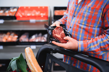 An elderly man holds a raw steak in his hands in a package. Food shopping concept.の写真素材