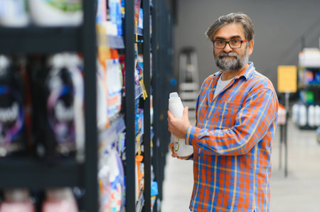 Portrait of focused man buying household chemicals in supermarket, reading labels on bottles.の写真素材