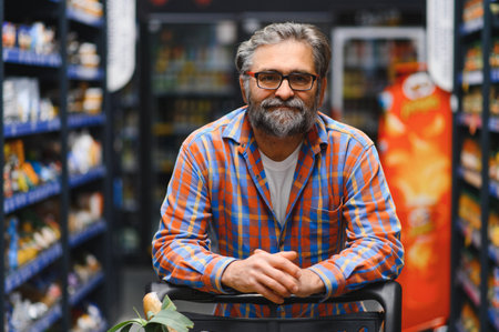 Senior man at grocery store products.