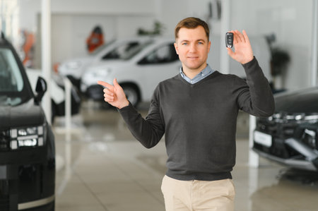 Handsome man customer holding key from auto, buying brand new car in showroom.の写真素材