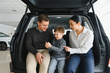 Happy family buying a new car at the car showroom.の写真素材