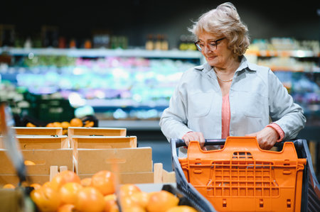 Happy woman is shopping fresh fruits and vegetables at the supermarket.の写真素材