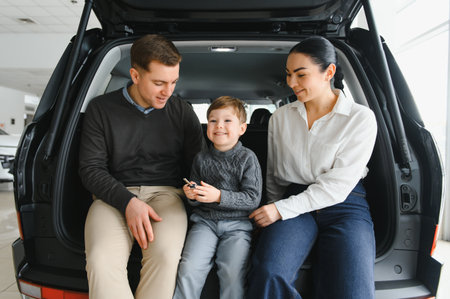 Young happy family enjoying while buying a new car in a showroom.