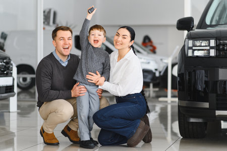 Young happy family enjoying while buying a new car in a showroom.の写真素材