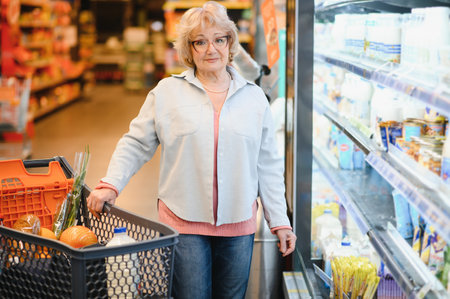 Mature woman standing in grocery store.の写真素材