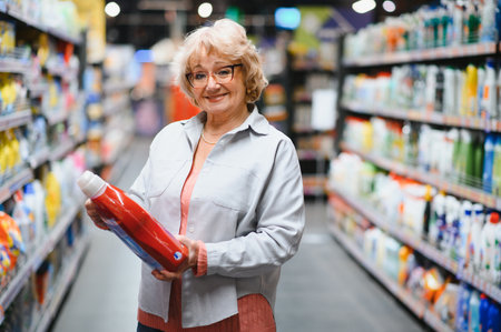Elderly woman buyer chooses hairbrush in household chemicals store.