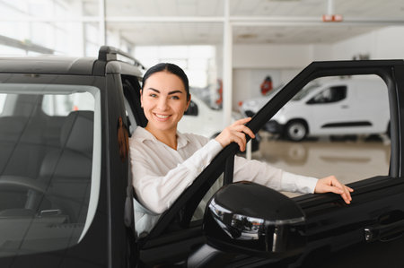 Young woman choosing a car at car showroom.
