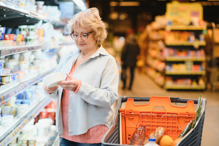 Portrait of senior woman shopping at the shopping center, pushing shopping cart. Low angle shot. Elderly lady doing grocery shopping.の写真素材