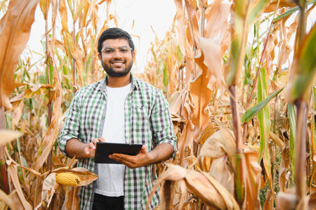 young Indian farmer or agronomist at corn field. The concept of agriculture.