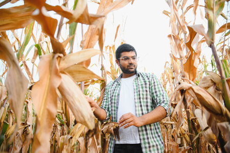 young Indian farmer or agronomist at corn field. The concept of agriculture.の写真素材