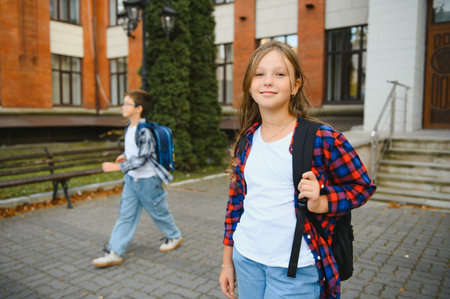 Cheerful girl with backpack near school building outdoor.の写真素材