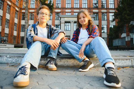 Happy children near the school. Friends boy and girl together in the school yard.の写真素材