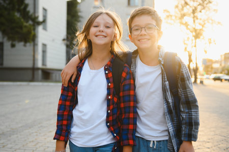 Portrait of smiling school kids standing at school yard.の写真素材