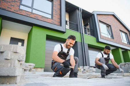 A group of multiracial workers lay paving stones on a sidewalk near a house.の写真素材