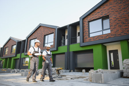 Pleased contractor demonstrating cottage facade to construction manager.